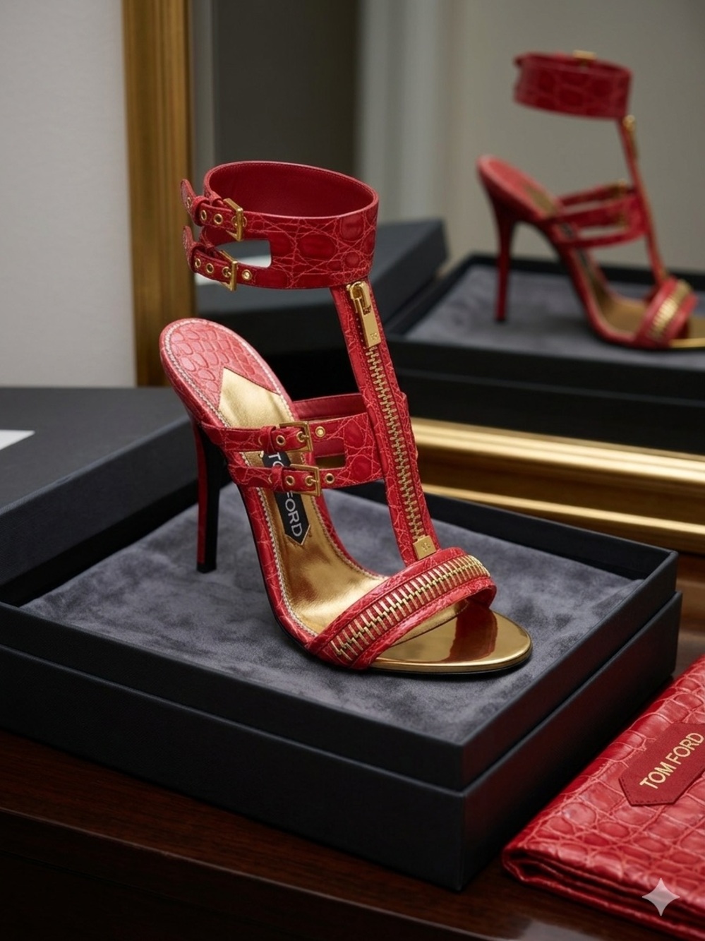 Tom Ford Red Croc-Embossed Gold-Trim Stiletto Sandals